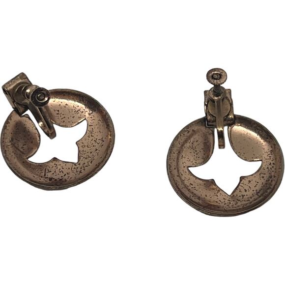 Bronze Clip-On Earrings, Cut-Out Design, Good Condition, 1.25" x 1" - Picture 7 of 7